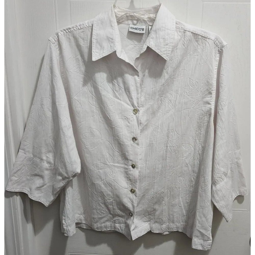 Chico's Women's 3/4 Sleeve Button Up Front Blouse‎ Top White Floral Size 1 (M)